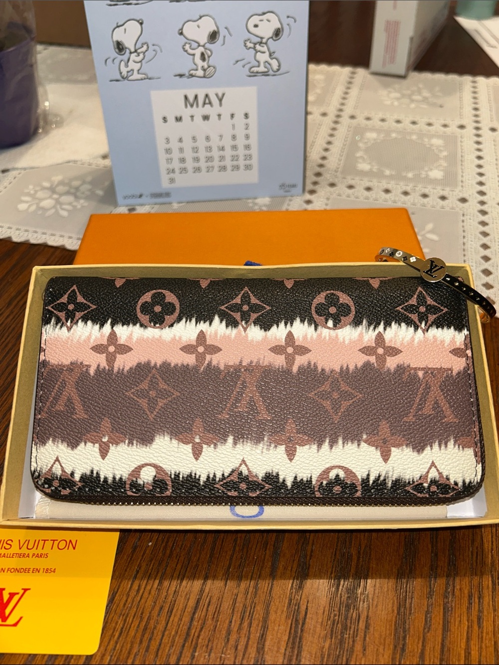 Monogram Zip Wallet in Pink, Brown & White Wave Print and bracelet